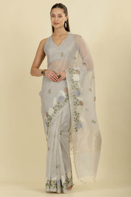 Grey Kota Cotton Floral Resham Embroidered And Zari Woven Saree