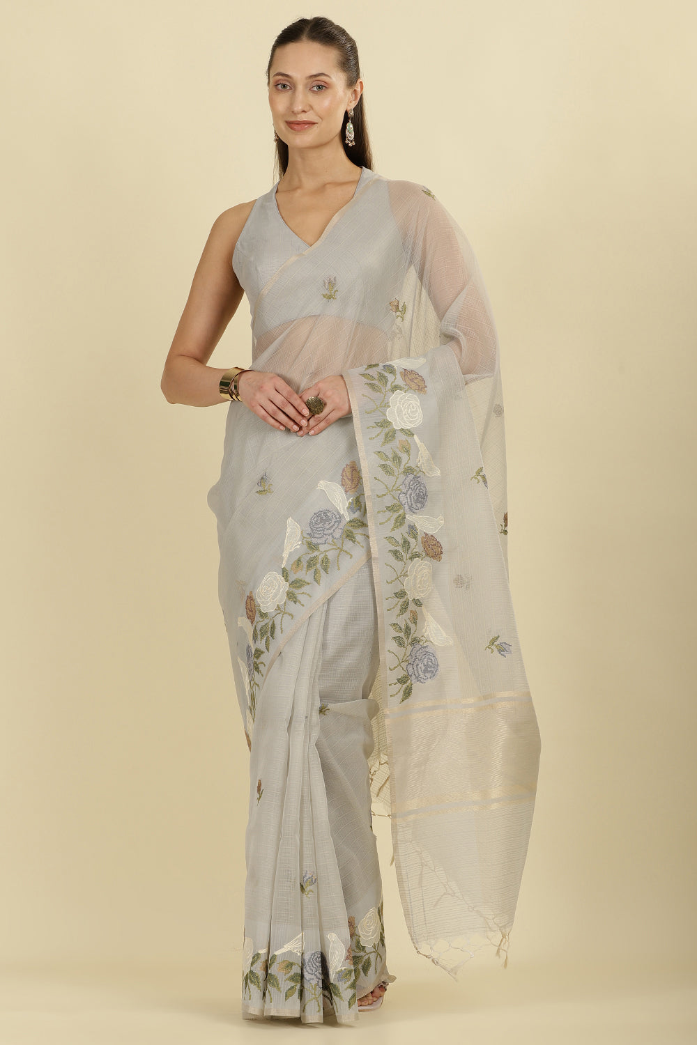 Grey Kota Cotton Floral Resham Embroidered And Zari Woven Saree