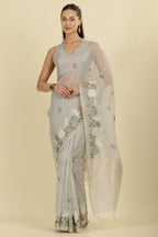 Grey Kota Cotton Floral Resham Embroidered And Zari Woven Saree