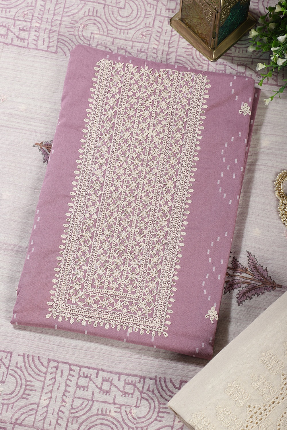 Mauve Colour Cotton Printed & Resham Neck Embroidered Unstitched Suit