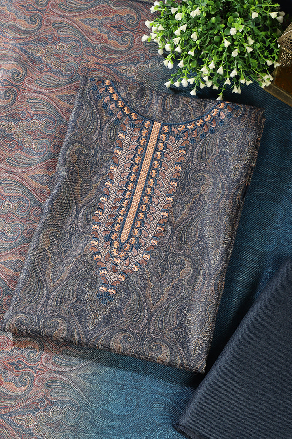 Navy Pashmina Printed And Neck Embroidered Unstitched Suit Material