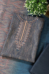 Navy Pashmina Printed And Neck Embroidered Unstitched Suit Material