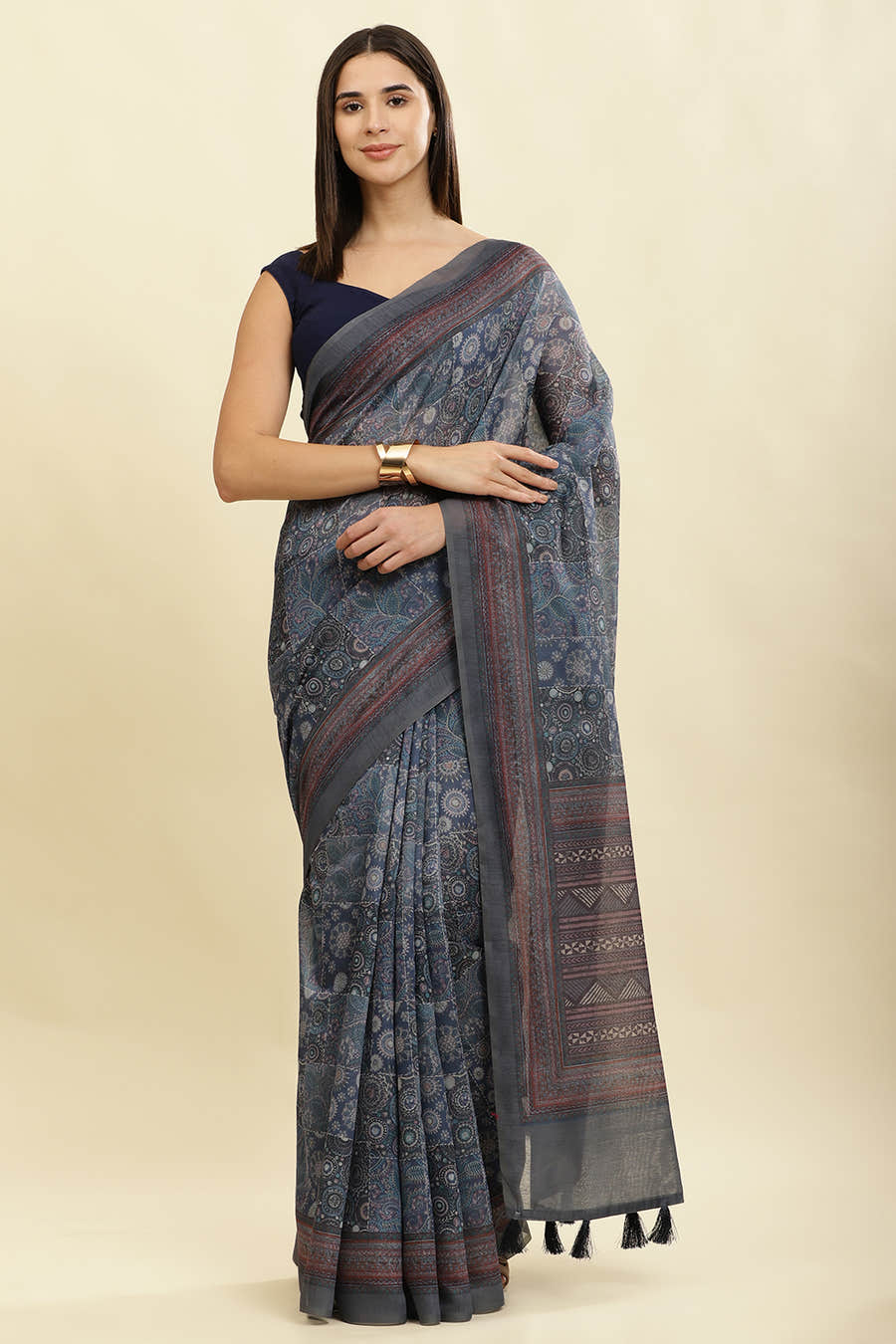 Grey & Blue Cotton Silk Printed Saree
