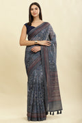 Grey & Blue Cotton Silk Printed Saree