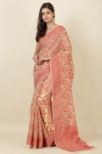 Beige Cotton Resham Woven Saree