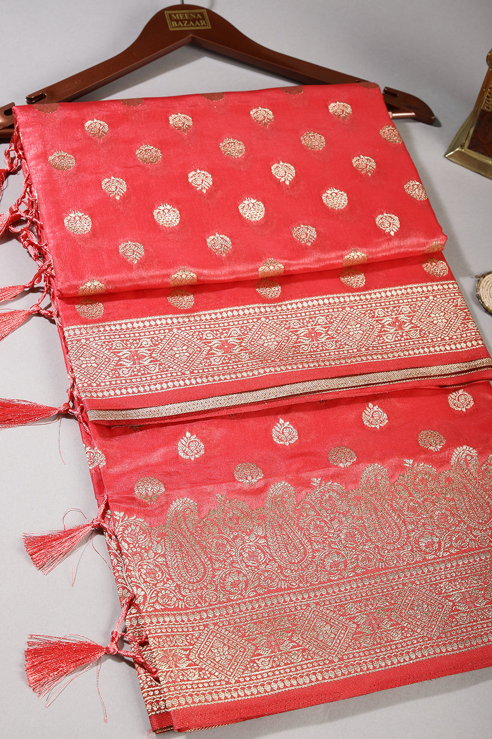 Carmine Pink Color Tissue Silk Woven Saree