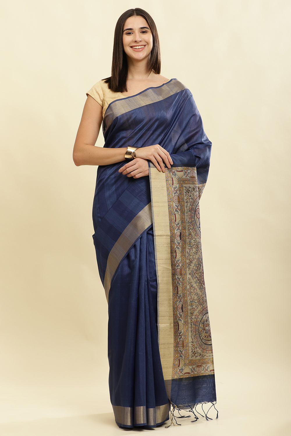 Navy Color Cotton Silk Madhubani Print Saree
