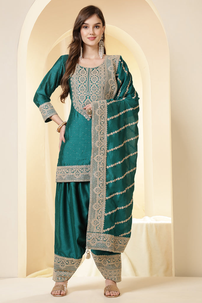 Teal Silk Zari Embroidered Suit With Parsi Salwar