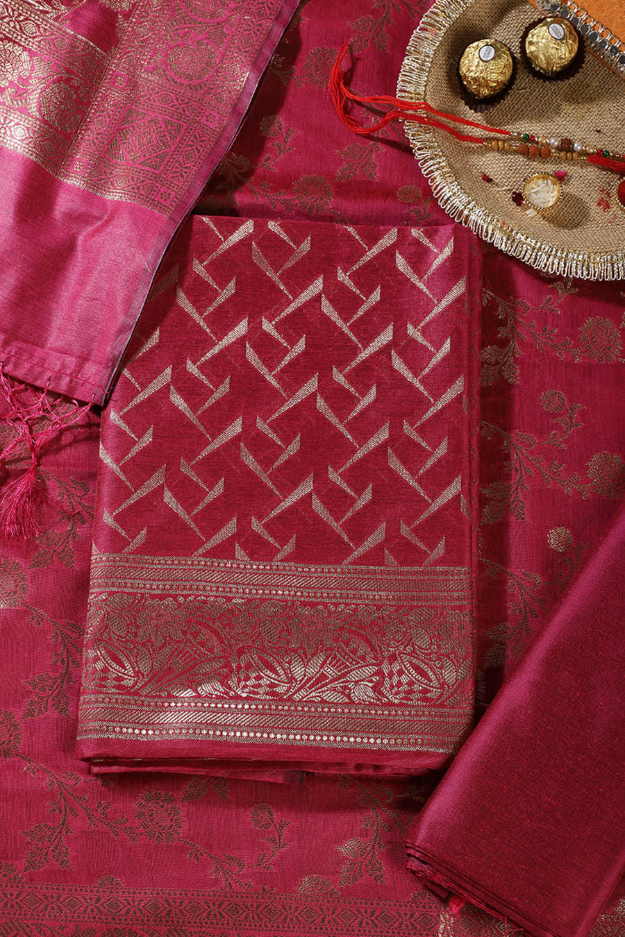 RanI Colour Zari Woven Silk Unstitched Suit Material