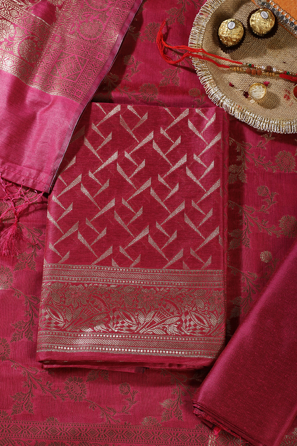 RanI Colour Zari Woven Silk Unstitched Suit Material