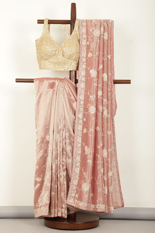 Pink Color Pure Tissue Silk Saree with Pearl and Zardozi Handwork