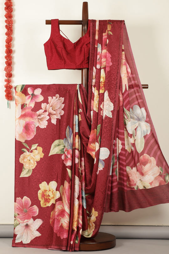 Maroon Jacquard Silk Printed Saree