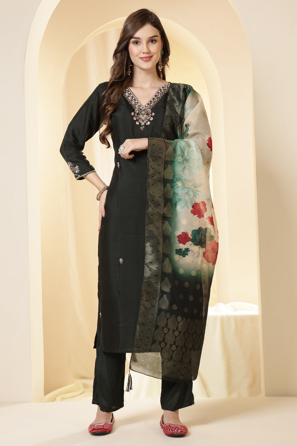 Green Color Silk Suit Set With Neck Embroidered & Floral Printed Dupatta
