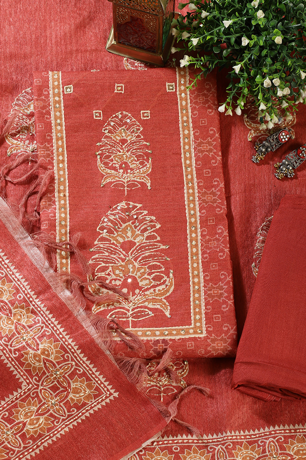Rust Tussar Silk Printed Unstitched Suit Material