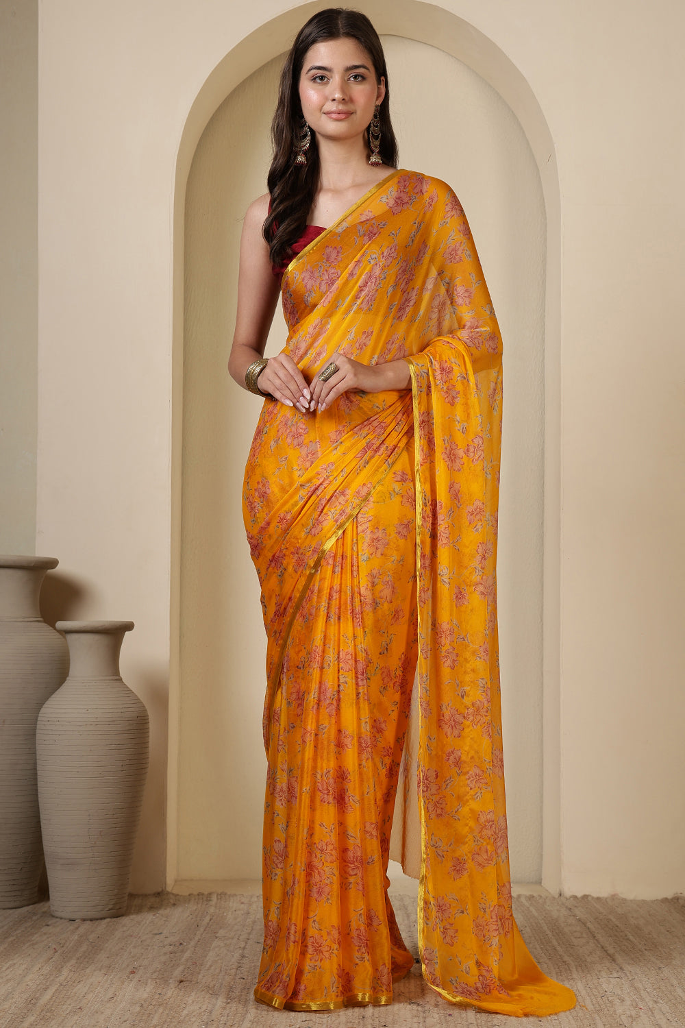 Mustard Chiffon Floral Zari Border & Floral Printed Saree