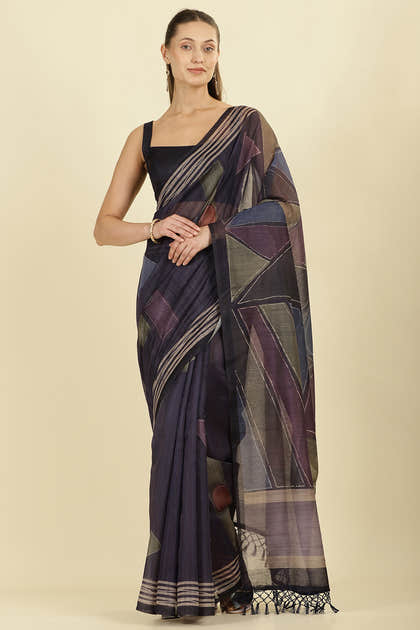 Navy Organza Cotton Printed Saree