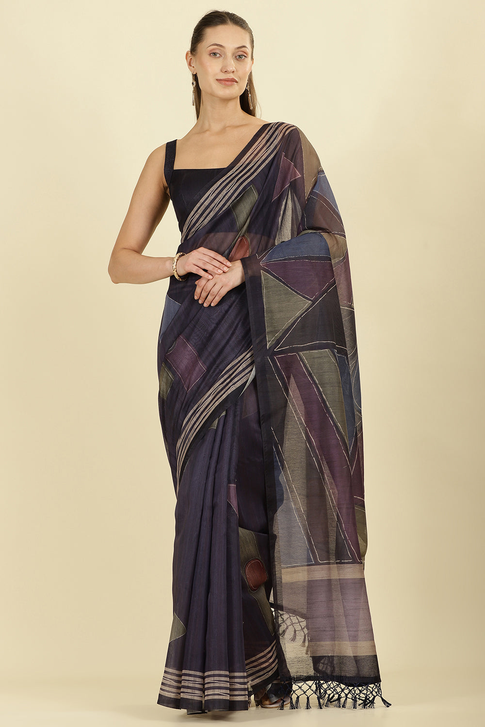 Navy Organza Cotton Printed Saree