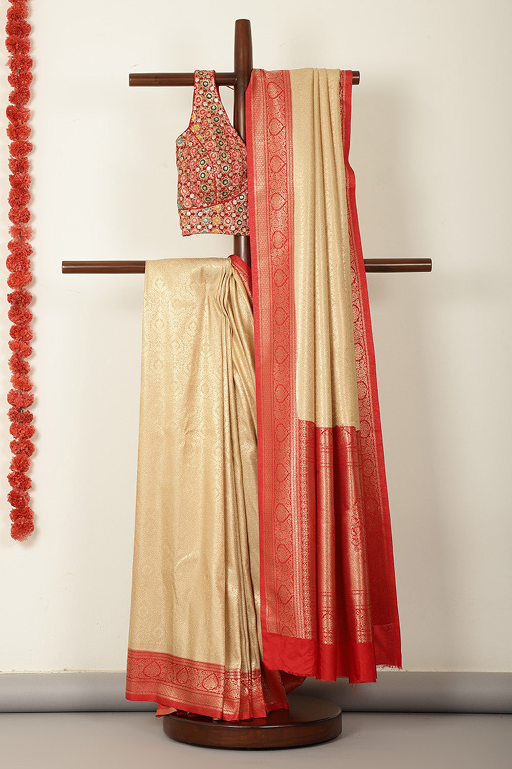 Beige & Red Dual Toned Soft Silk Zari Woven Saree