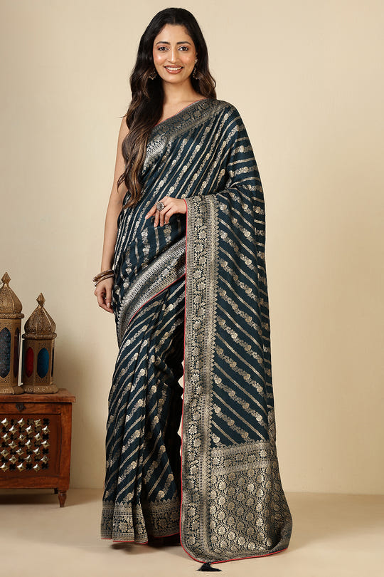 Navy Banarasi Woven Tussar Silk Saree