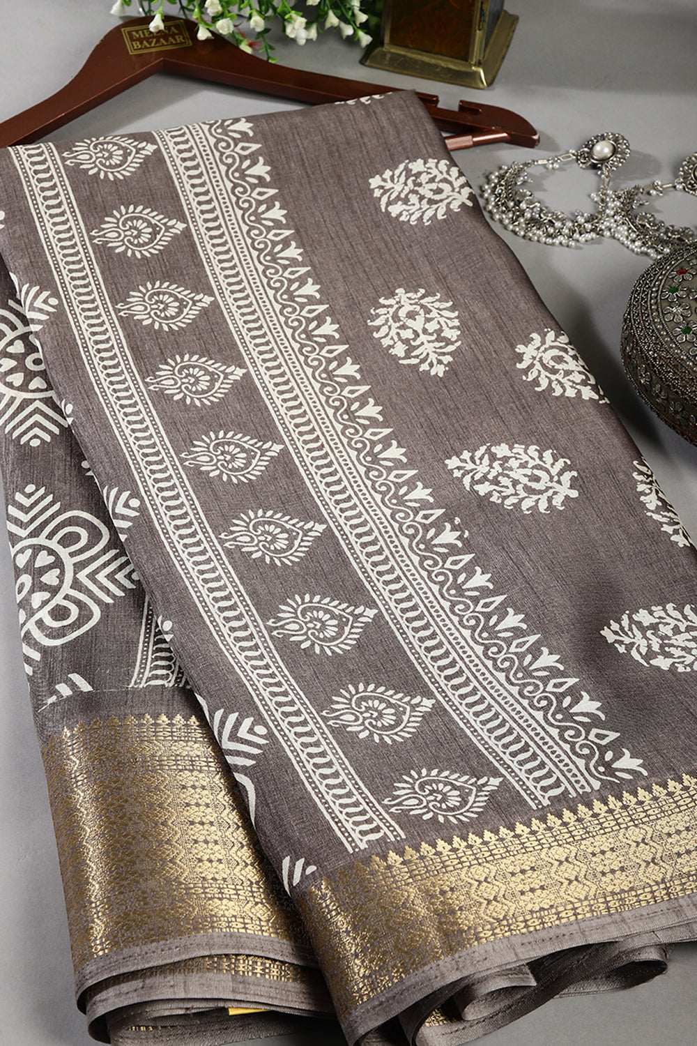Grey Color Block Printed Cotton Silk Saree