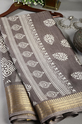 Grey Color Block Printed Cotton Silk Saree