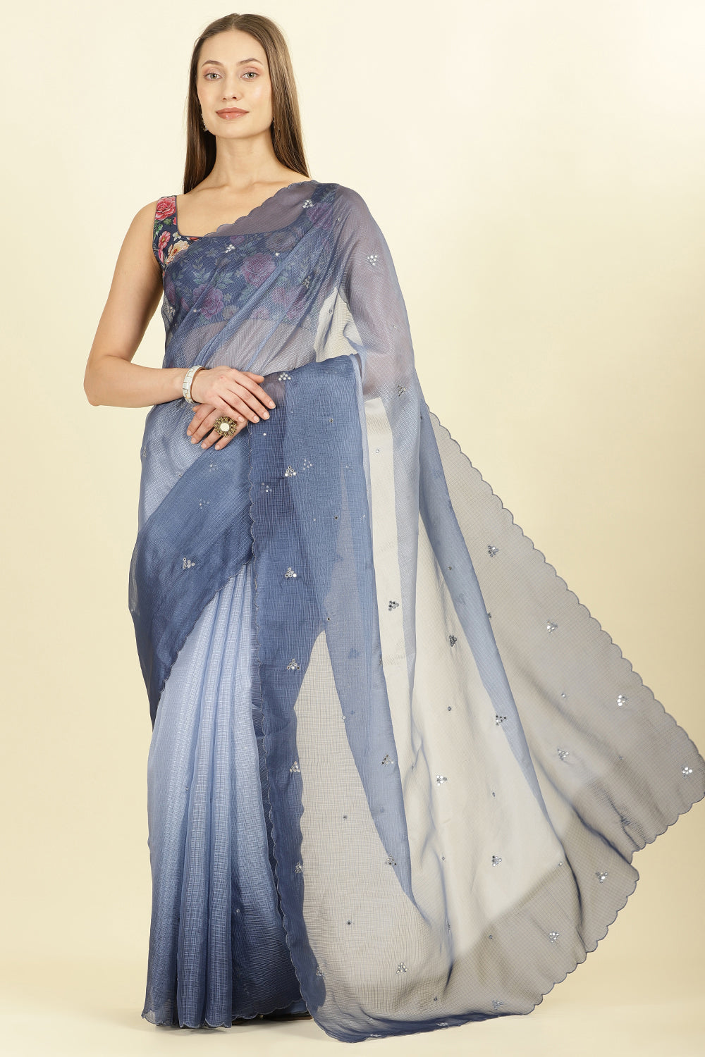 Ombre Navy Organza Saree With Mirror Work