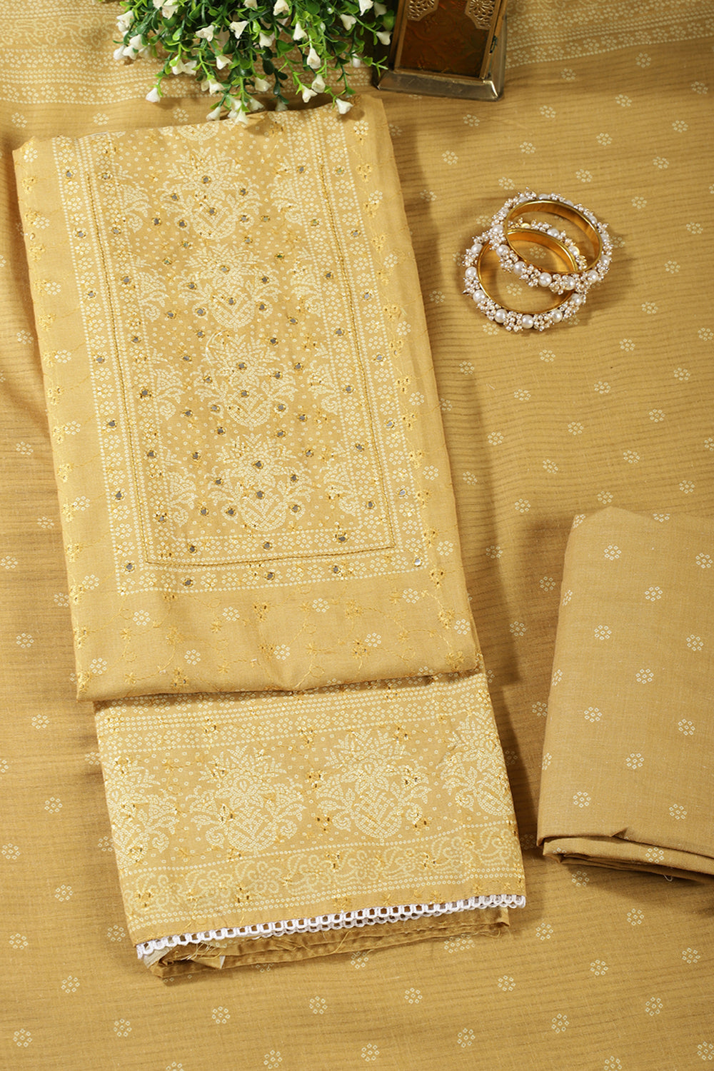 Mustard Color Resham & Mirror Embroidered Cotton Unstitched Suit Fabric