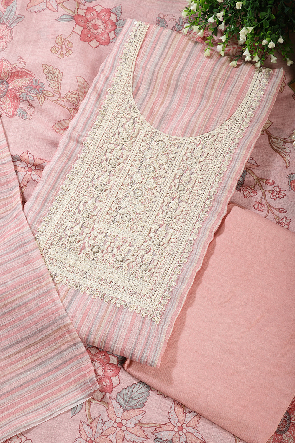 Pink Color Linen Cotton Embroidery Unstitched Suit Material