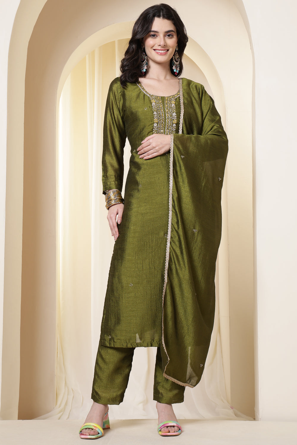 Sage Green Chinone Silk Neck-Embroidered Suit Set