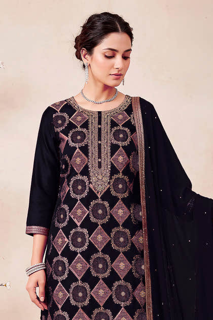 Black Zari Woven Silk Unstitched Suit Fabric