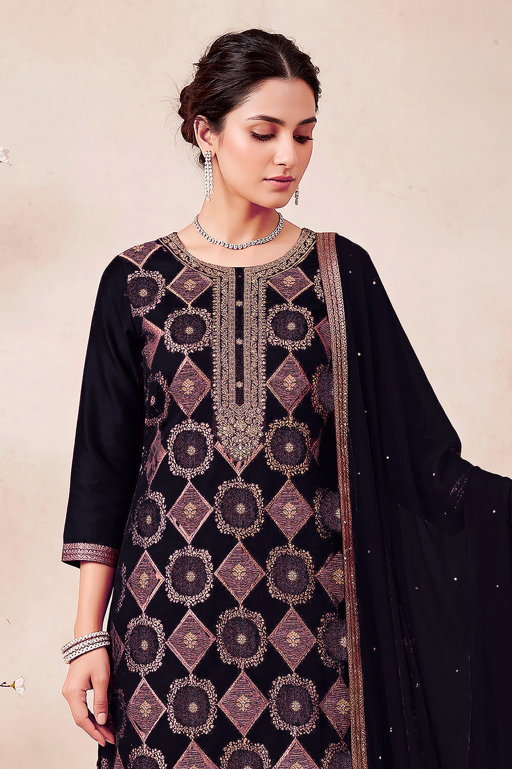 Black Zari Woven Silk Unstitched Suit Fabric