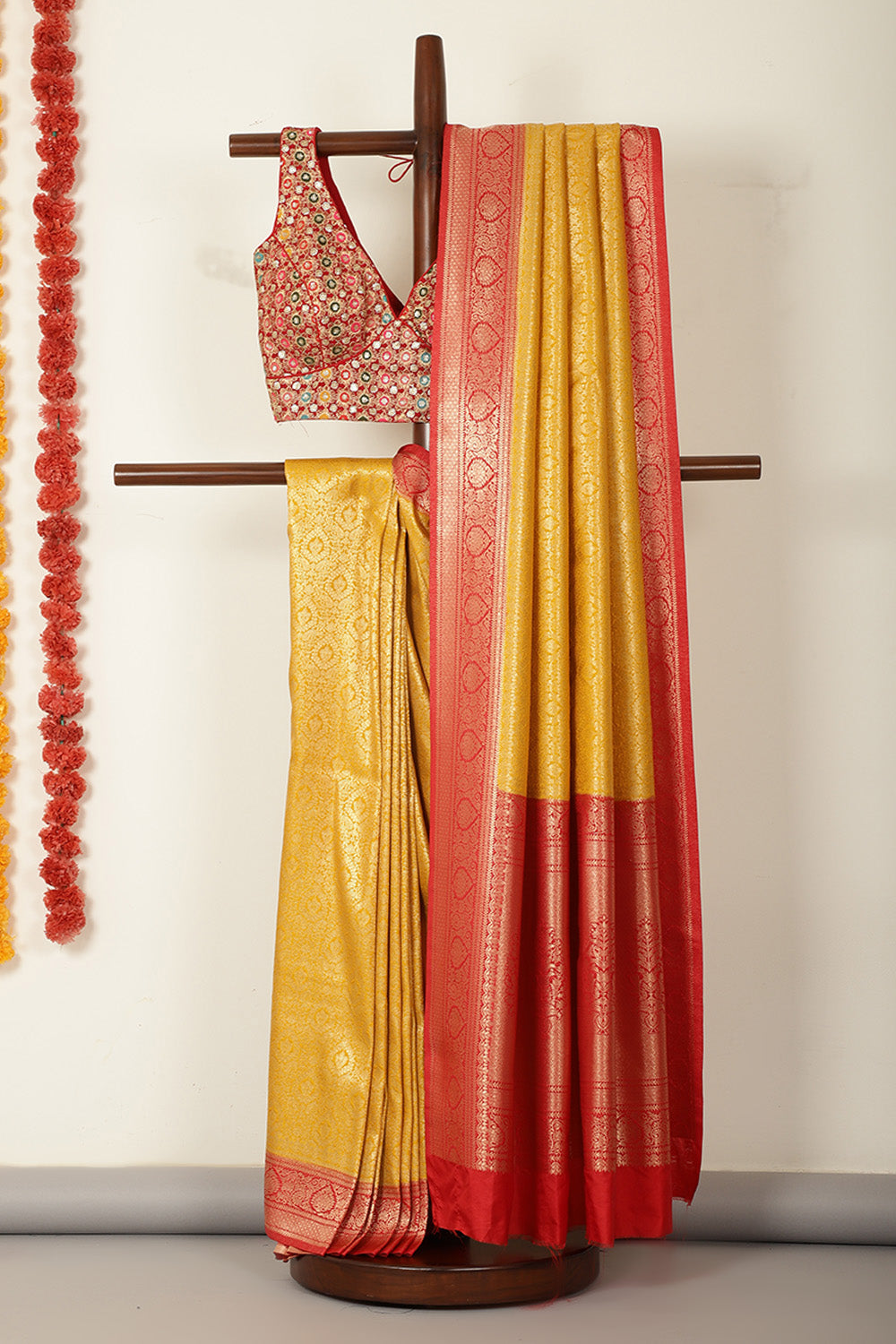Mustard & Red Dual Toned Soft Silk Zari Woven Saree