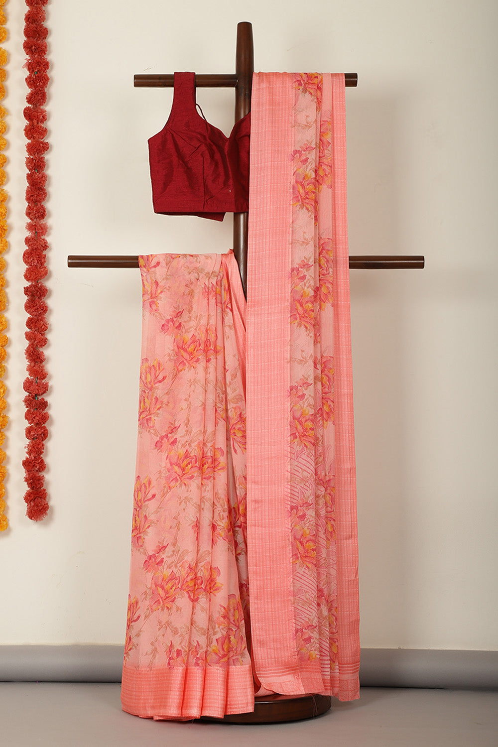 Peach Floral Printed Chiffon Saree