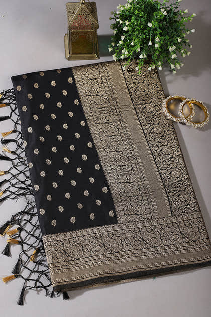 Black Silk Zari Buta Woven Saree