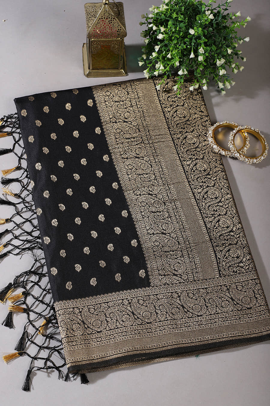 Black Silk Zari Buta Woven Saree