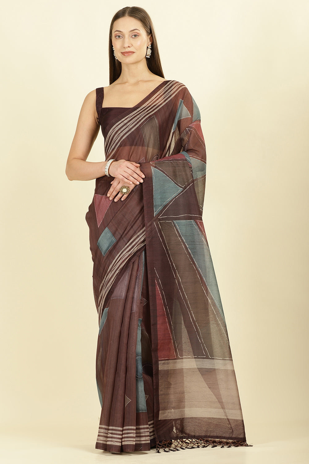Brown Organza Cotton Printed Saree