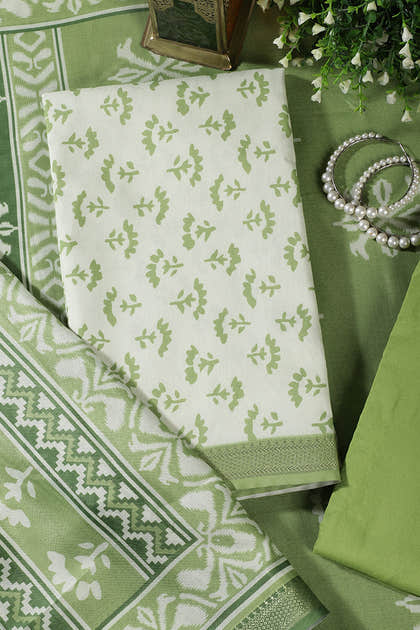 Light Green Floral Block Print Cotton Unstitched Suit Fabric