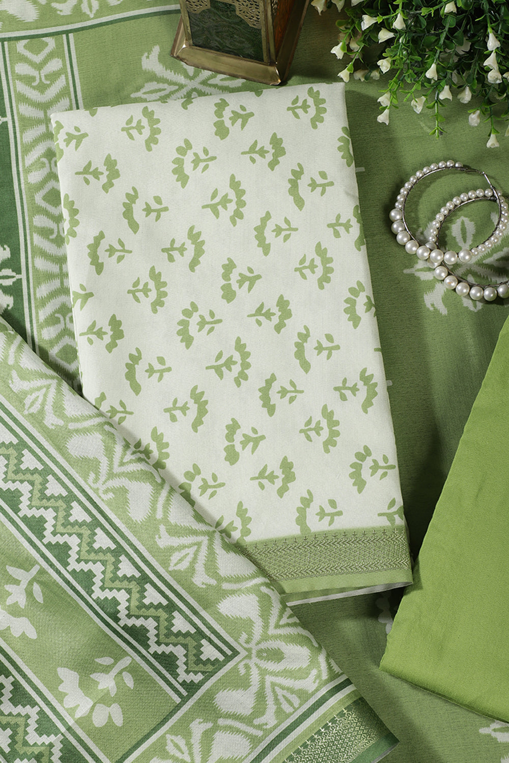 Light Green Floral Block Print Cotton Unstitched Suit Fabric