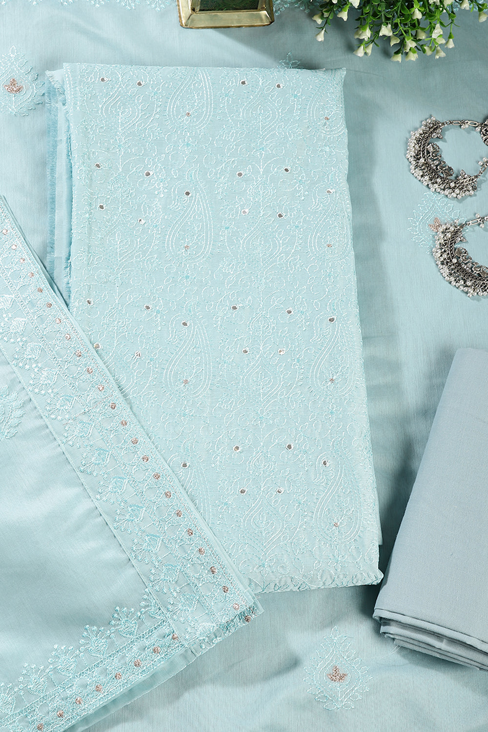 Turquoise Color Chanderi Resham Embroidered Unstitched Suit