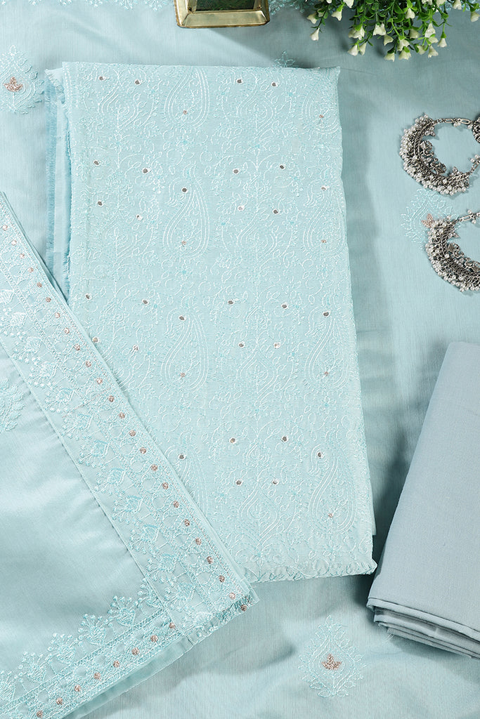 Turquoise Color Chanderi Resham Embroidered Unstitched Suit