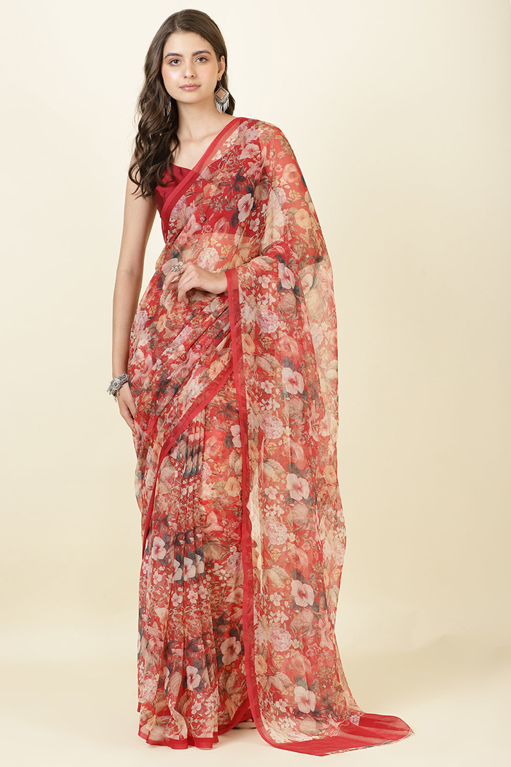 Red Floral Printed Chiffon Saree