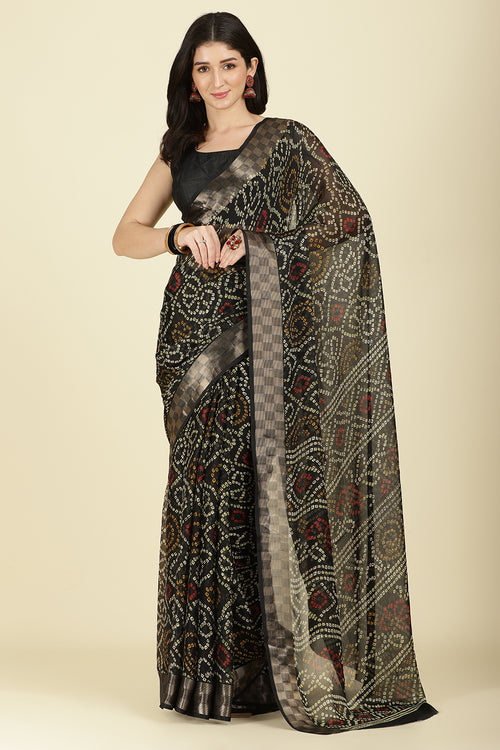 Black Color Chiffon Bandhani Printed Saree