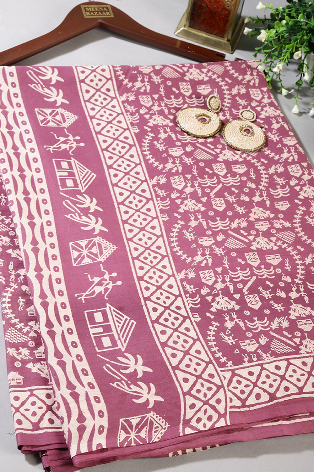 Dusty Mauve Color Cotton Folk Printed Saree