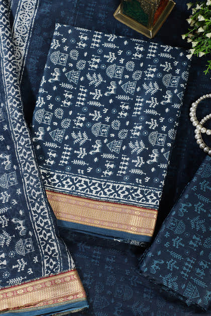 Navy Warli Print Cotton Unstitched Suit Material