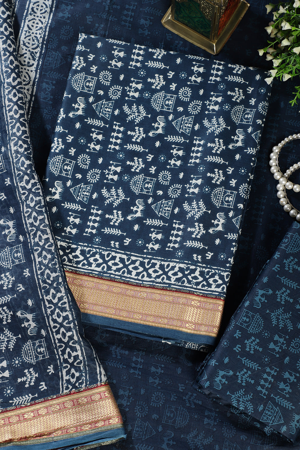 Navy Warli Print Cotton Unstitched Suit Material