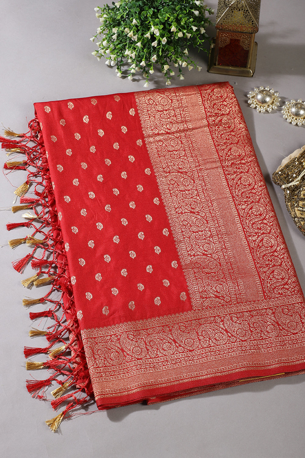 Red Silk Zari Buta Woven Saree