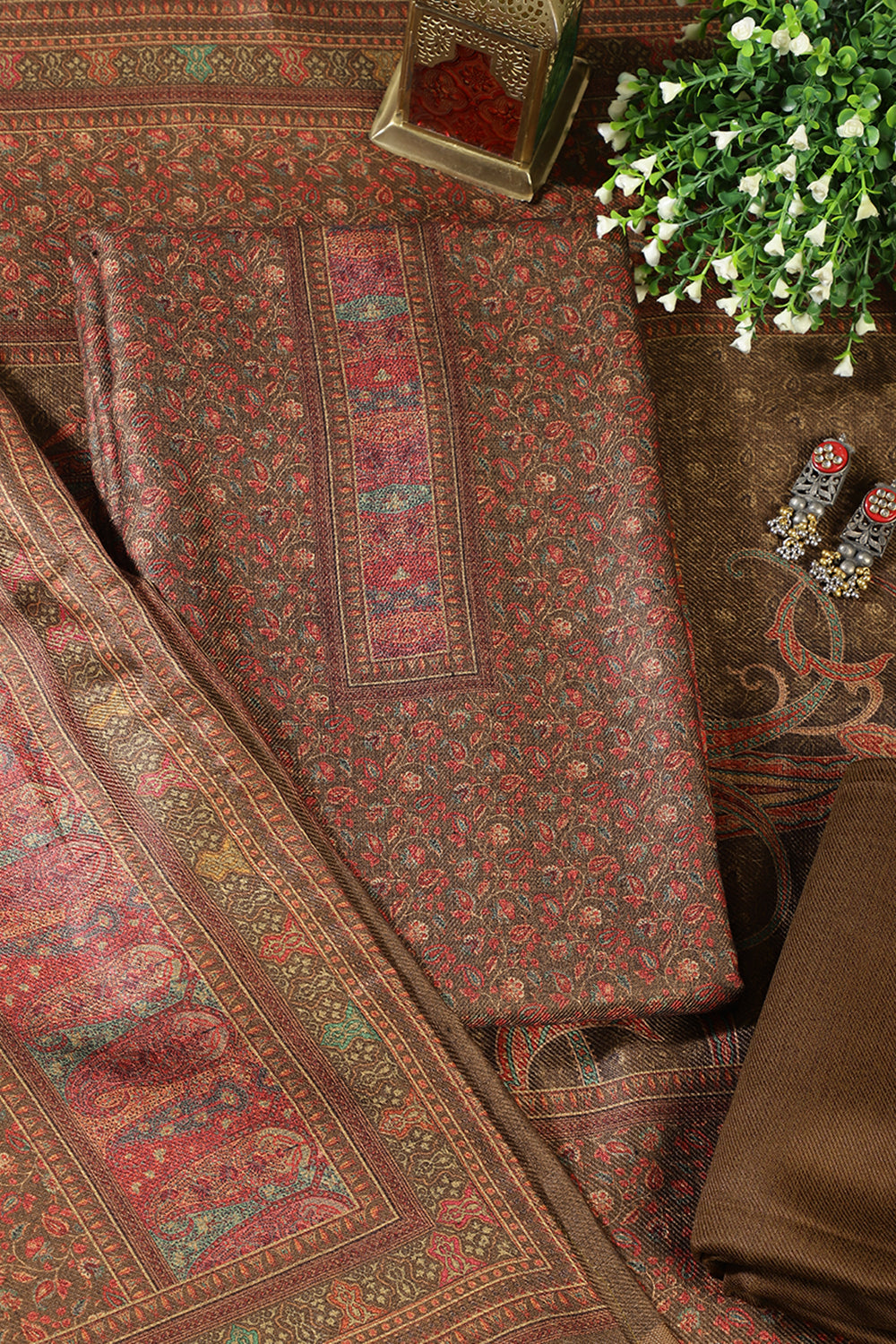 Brown Pashmina Floral Printed Unstitched Suit Material