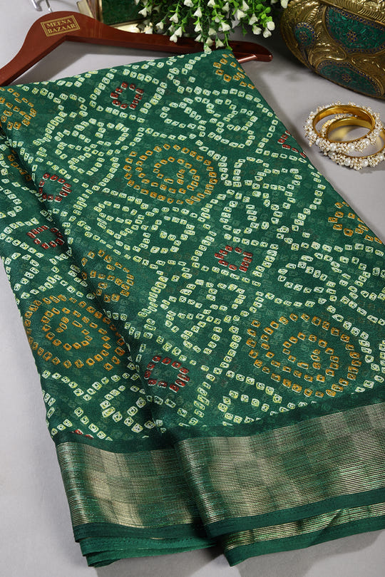 Bottle Green Color Chiffon Bandhani Printed Saree