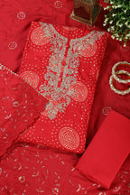 Red Cotton Bandhani Printed & Neck Embroidered Unstitched Suit