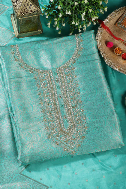 Turquoise Silk Zari Woven And Embroidered Unstitched Suit Material